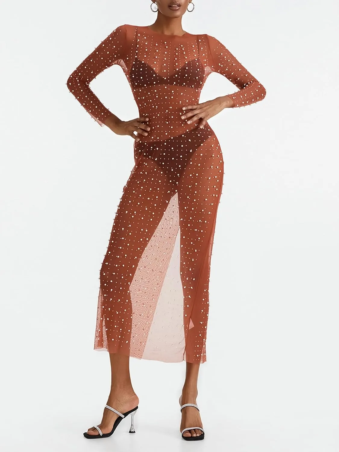 Springcmy Sexy Women Sheer Mesh See Through Pearl Rhinestone Beach Maternity Dress Swimwear Bikini Bathing Suit Coverup