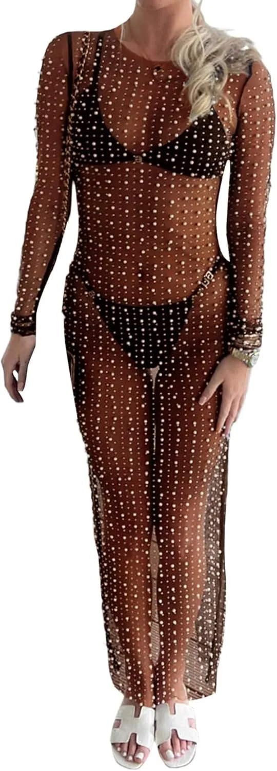 Springcmy Sexy Women Sheer Mesh See Through Pearl Rhinestone Beach Maternity Dress Swimwear Bikini Bathing Suit Coverup