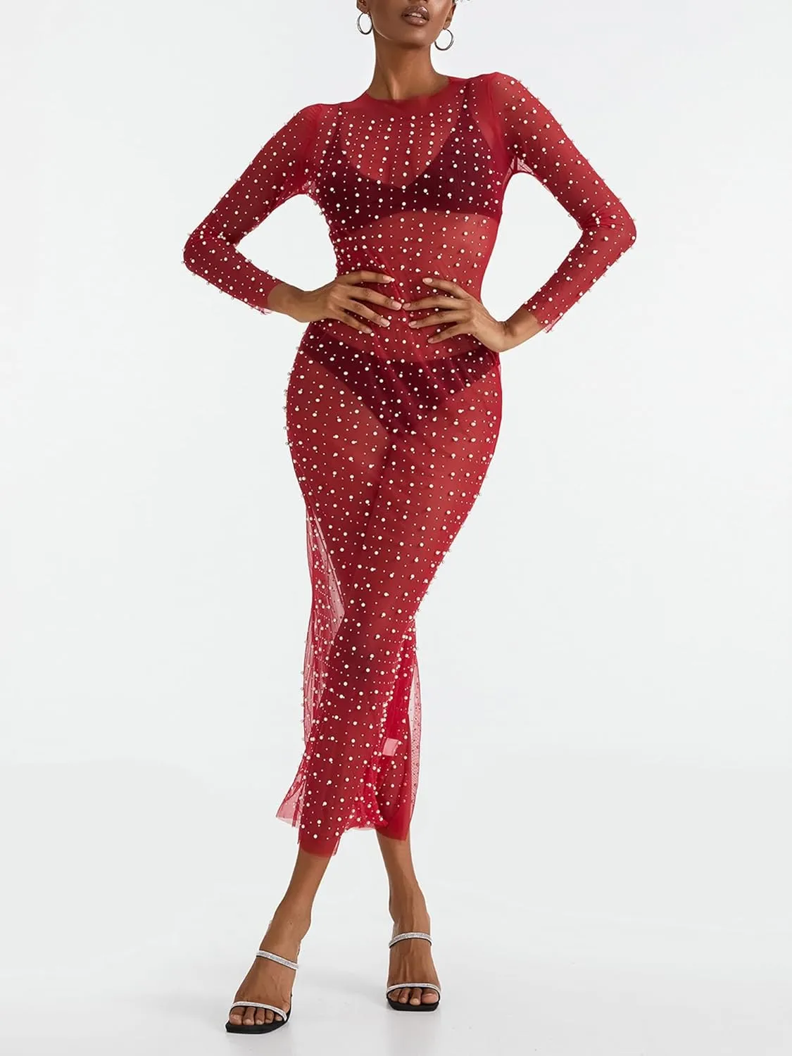 Springcmy Sexy Women Sheer Mesh See Through Pearl Rhinestone Beach Maternity Dress Swimwear Bikini Bathing Suit Coverup