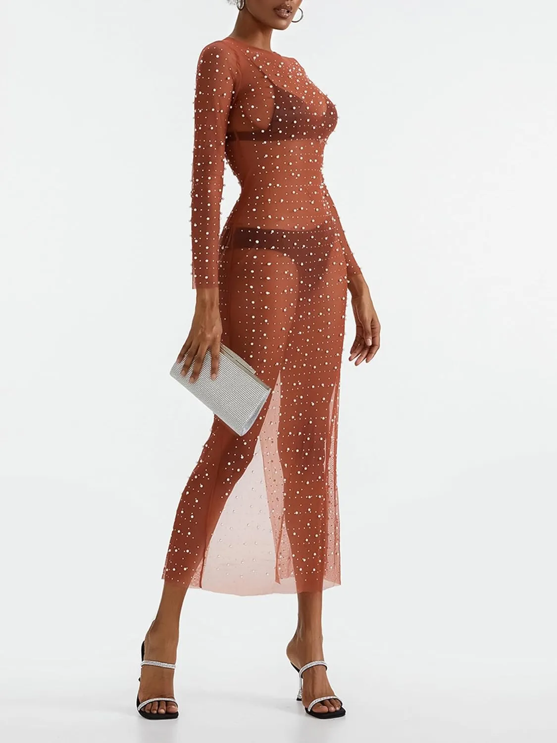 Springcmy Sexy Women Sheer Mesh See Through Pearl Rhinestone Beach Maternity Dress Swimwear Bikini Bathing Suit Coverup