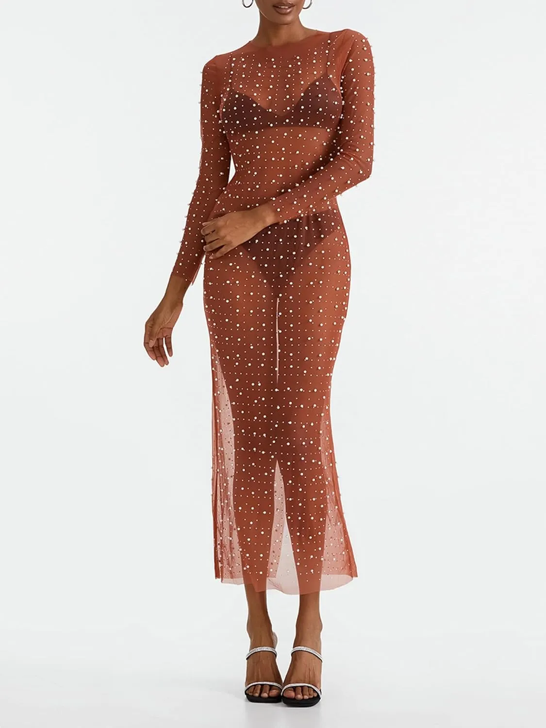 Springcmy Sexy Women Sheer Mesh See Through Pearl Rhinestone Beach Maternity Dress Swimwear Bikini Bathing Suit Coverup