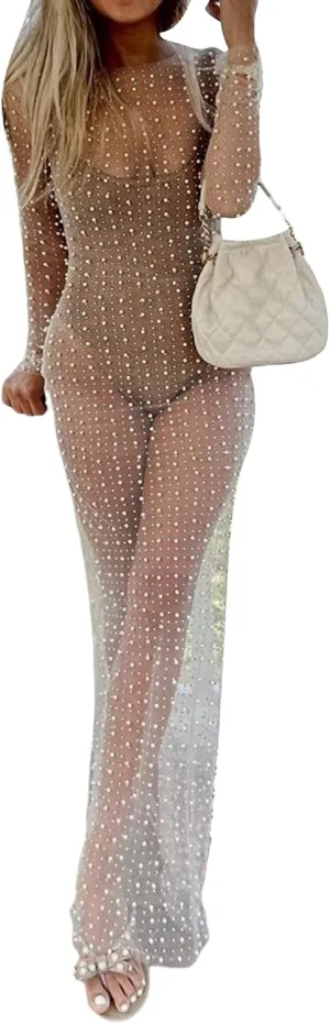 Springcmy Sexy Women Sheer Mesh See Through Pearl Rhinestone Beach Maternity Dress Swimwear Bikini Bathing Suit Coverup