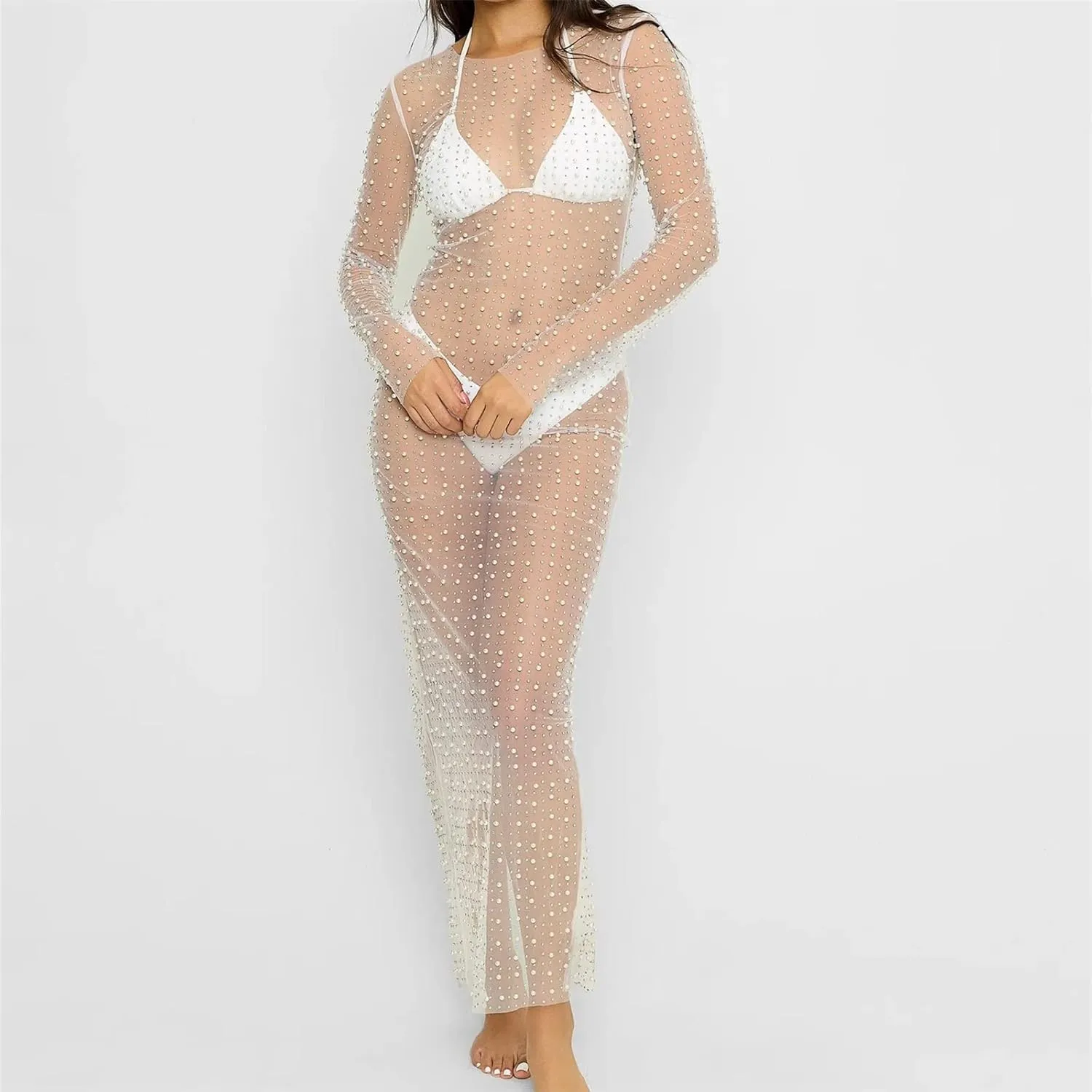 Springcmy Sexy Women Sheer Mesh See Through Pearl Rhinestone Beach Maternity Dress Swimwear Bikini Bathing Suit Coverup