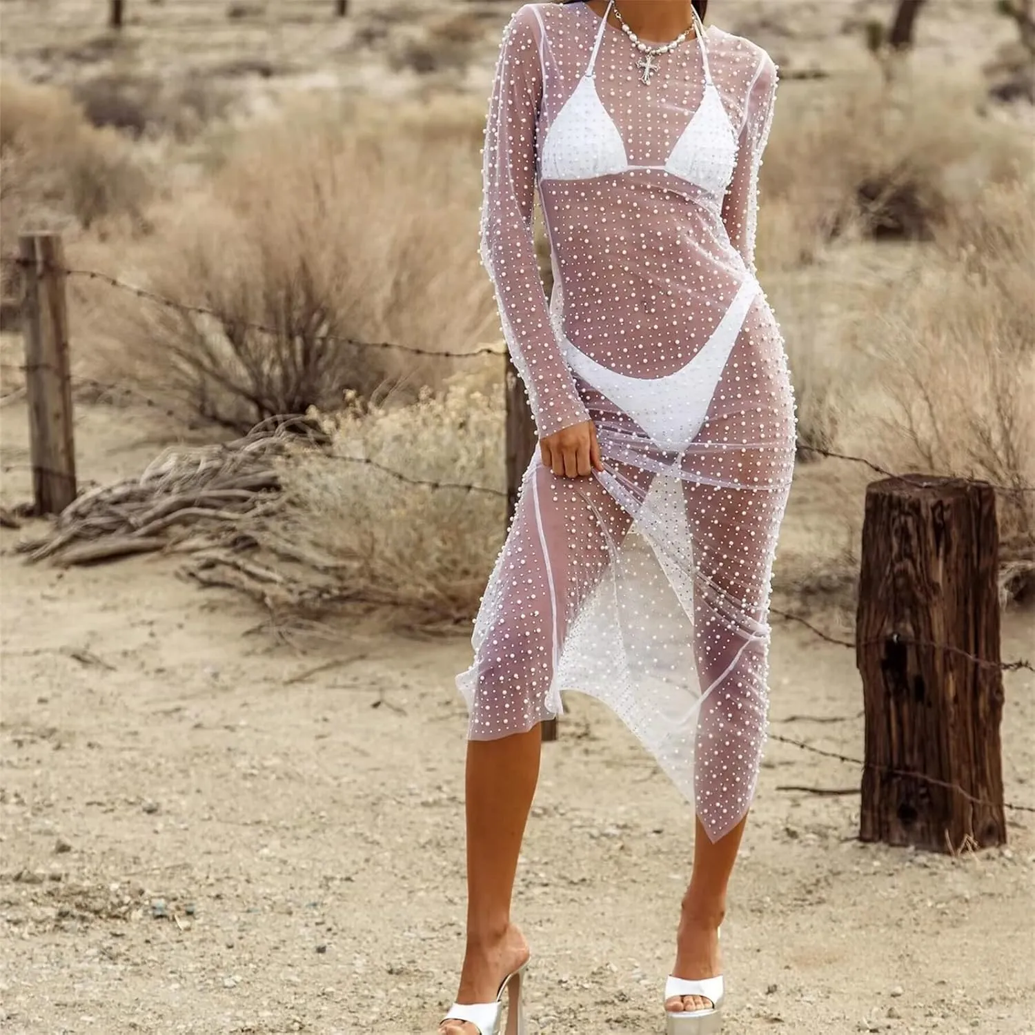 Springcmy Sexy Women Sheer Mesh See Through Pearl Rhinestone Beach Maternity Dress Swimwear Bikini Bathing Suit Coverup