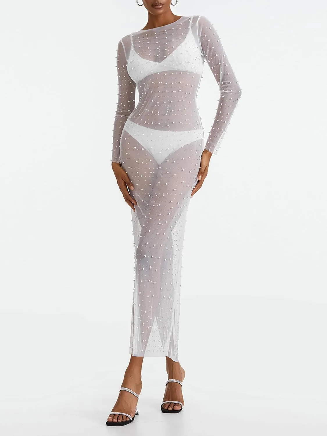 Springcmy Sexy Women Sheer Mesh See Through Pearl Rhinestone Beach Maternity Dress Swimwear Bikini Bathing Suit Coverup