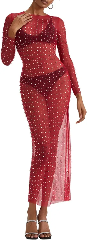 Springcmy Sexy Women Sheer Mesh See Through Pearl Rhinestone Beach Maternity Dress Swimwear Bikini Bathing Suit Coverup