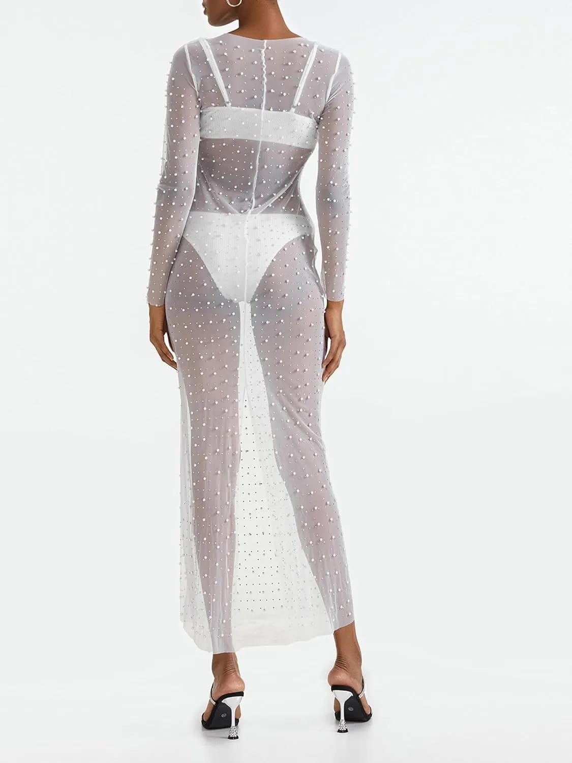 Springcmy Sexy Women Sheer Mesh See Through Pearl Rhinestone Beach Maternity Dress Swimwear Bikini Bathing Suit Coverup