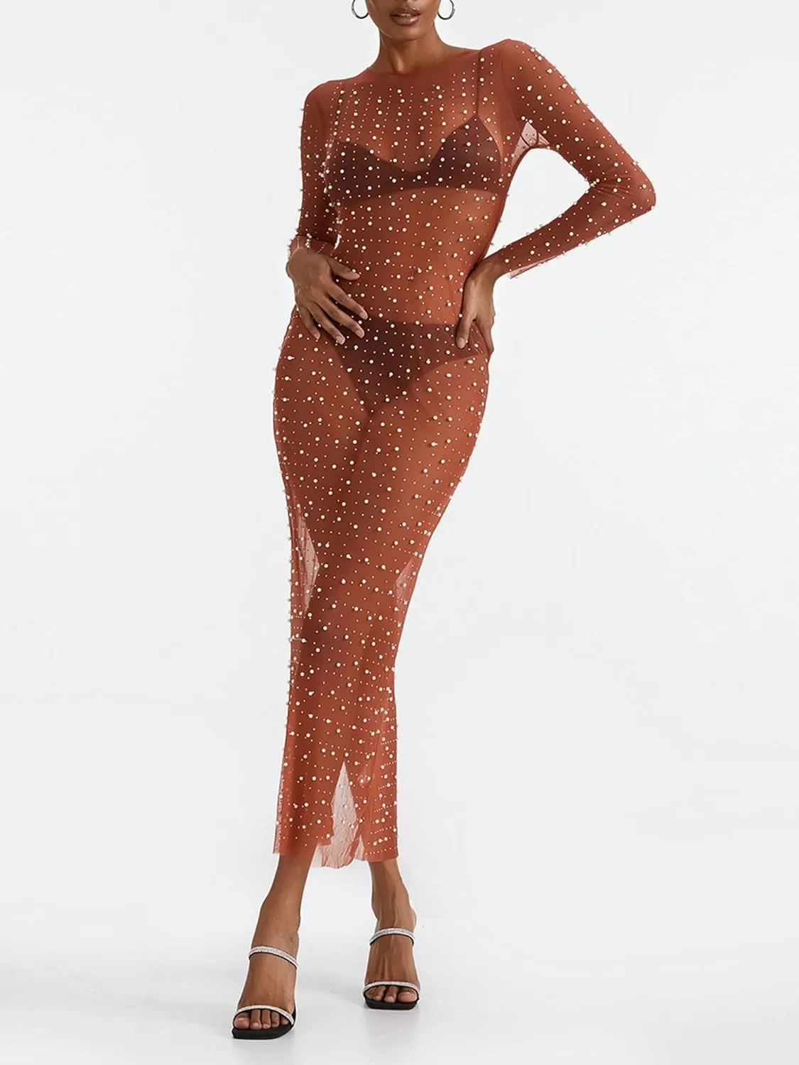 Springcmy Sexy Women Sheer Mesh See Through Pearl Rhinestone Beach Maternity Dress Swimwear Bikini Bathing Suit Coverup