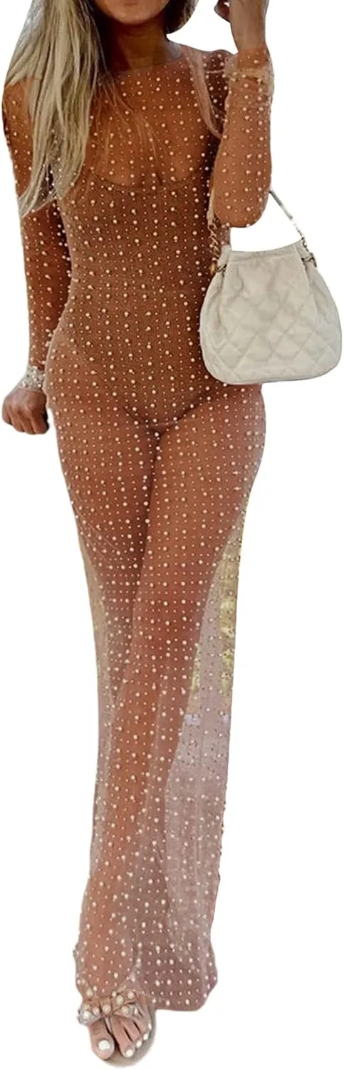 Springcmy Sexy Women Sheer Mesh See Through Pearl Rhinestone Beach Maternity Dress Swimwear Bikini Bathing Suit Coverup