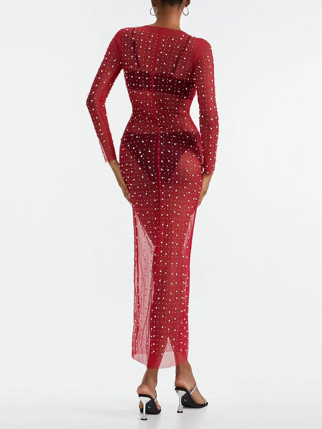 Springcmy Sexy Women Sheer Mesh See Through Pearl Rhinestone Beach Maternity Dress Swimwear Bikini Bathing Suit Coverup