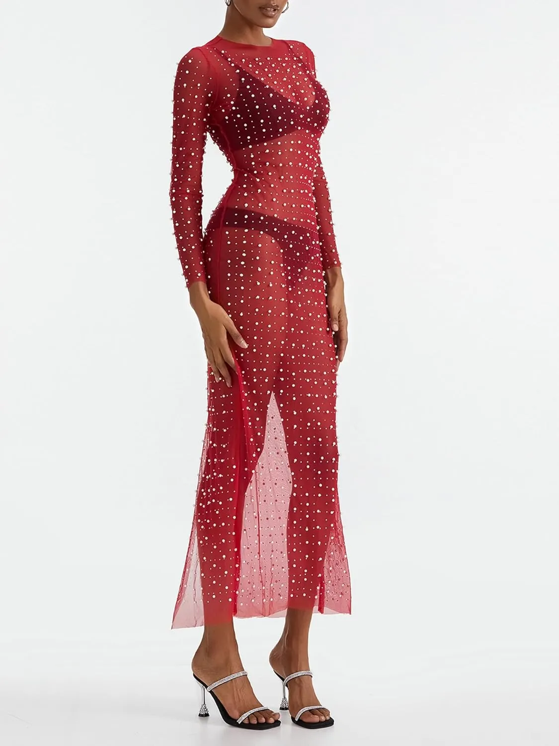 Springcmy Sexy Women Sheer Mesh See Through Pearl Rhinestone Beach Maternity Dress Swimwear Bikini Bathing Suit Coverup