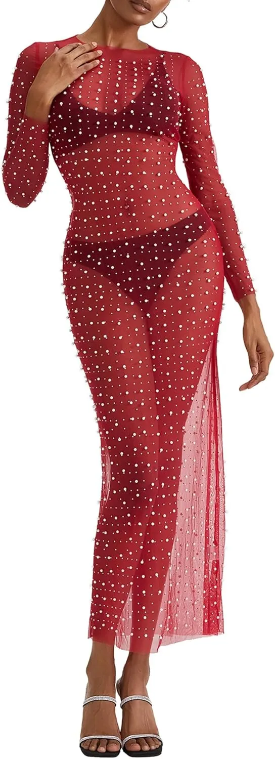 Springcmy Sexy Women Sheer Mesh See Through Pearl Rhinestone Beach Maternity Dress Swimwear Bikini Bathing Suit Coverup