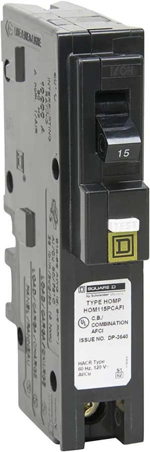 Square D HOM115PCAFIC 3 Pack 15Amp 120V Homeline Plug-On Neutral Single-Pole CAFCI Circuit Breaker, Black