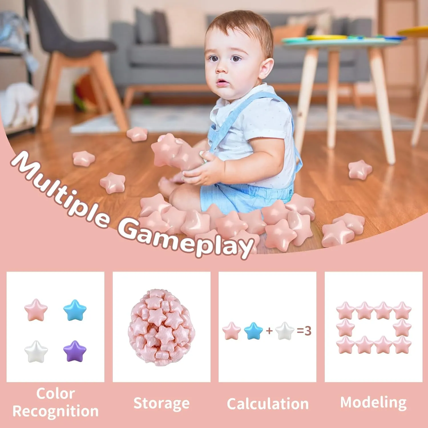 Star ball pit balls 100 Phthalate Free BPA Free Crush Proof 2.16 Inches Star Shape for Pastel Plastic Balls for Ball Pit Ideal Gift for Toddlers Babies Kids Pool Water Toys Play Tent, Pearl Pink