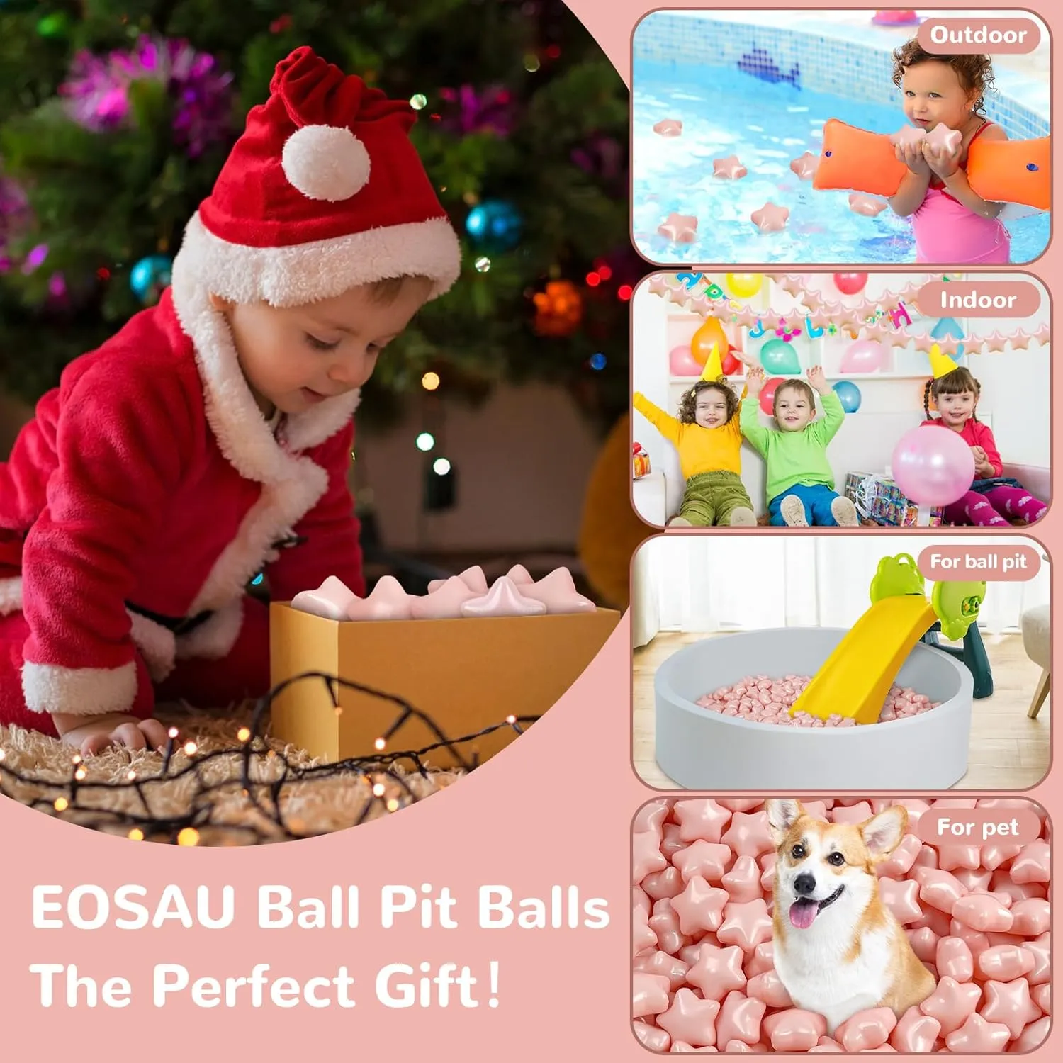 Star ball pit balls 100 Phthalate Free BPA Free Crush Proof 2.16 Inches Star Shape for Pastel Plastic Balls for Ball Pit Ideal Gift for Toddlers Babies Kids Pool Water Toys Play Tent, Pearl Pink