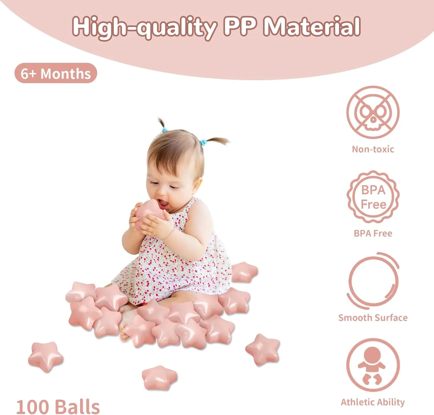 Star ball pit balls 100 Phthalate Free BPA Free Crush Proof 2.16 Inches Star Shape for Pastel Plastic Balls for Ball Pit Ideal Gift for Toddlers Babies Kids Pool Water Toys Play Tent, Pearl Pink