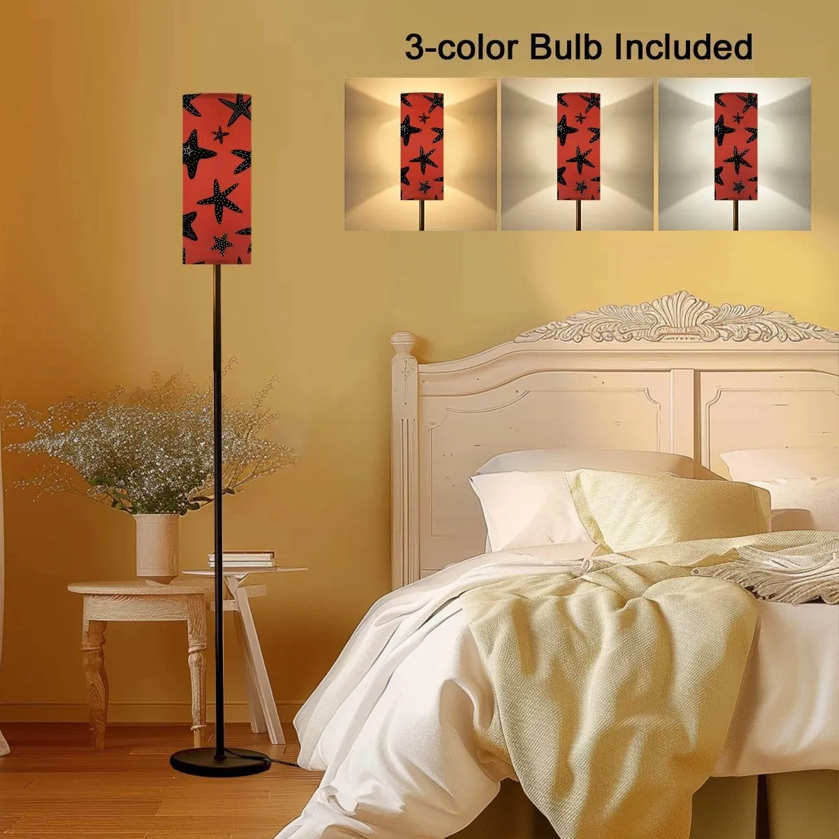 Starfish Seamless Pattern Black Silhouette Atlantic Star Marine Animal Modern Floor Lamp Minimalist Standing Lamps for Living Room LED Corner Lamp Remote Control Metal Pole Lamp for Bedroom, Reading