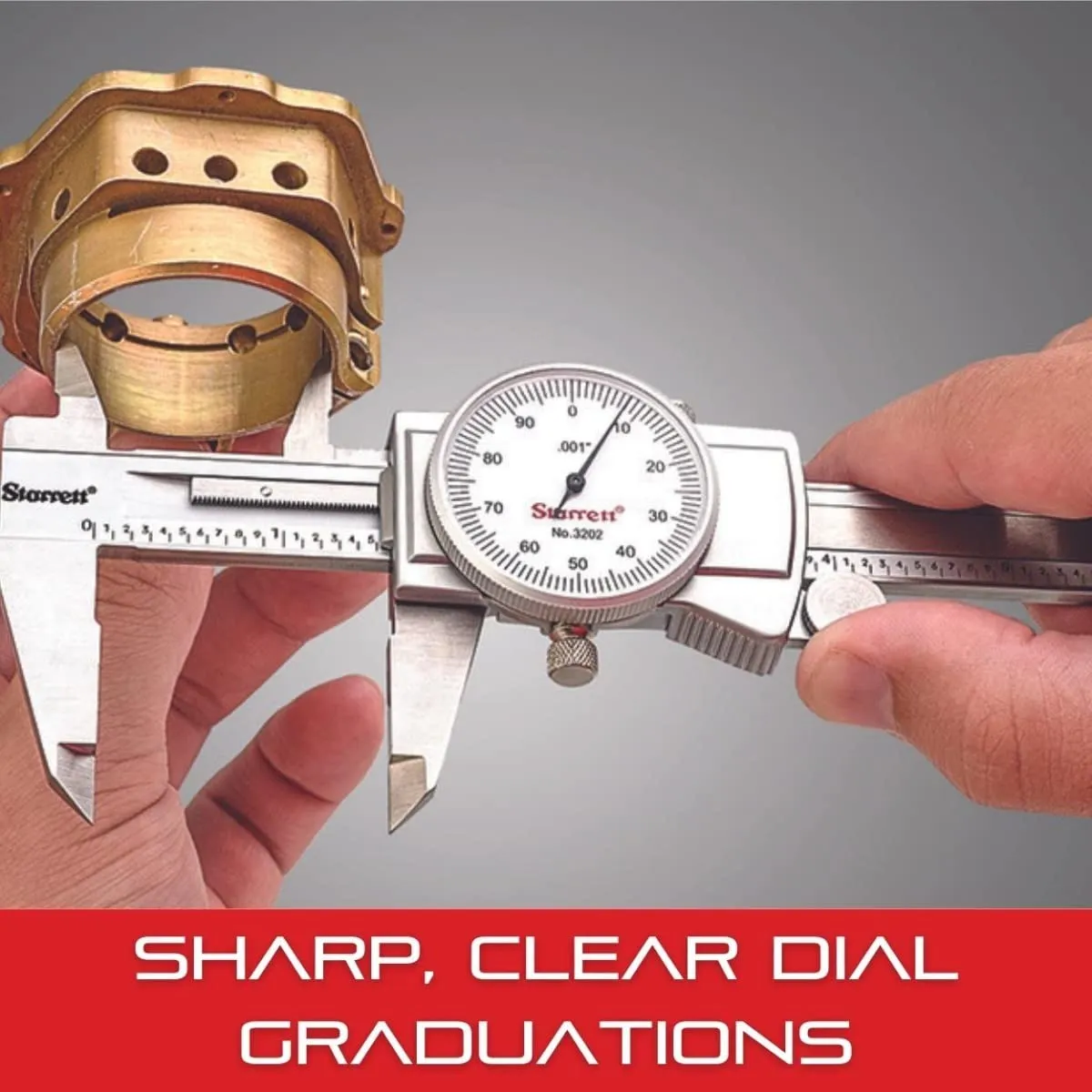 Starrett Dial Caliper with Adjustable Bezel and Fitted Case - White Face, 0-12" Range, -0.001" Accuracy, .001" Graduation - 3202-12
