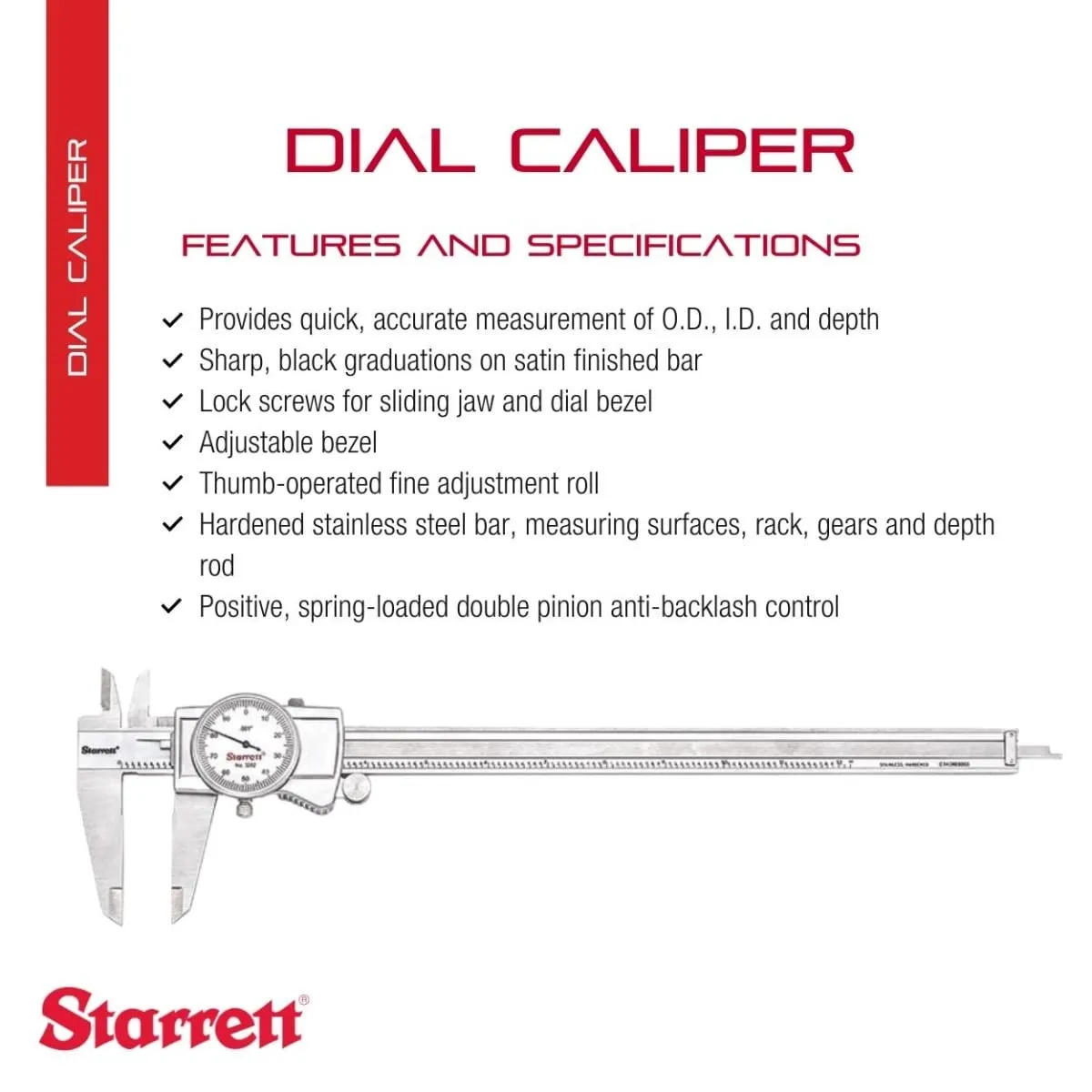 Starrett Dial Caliper with Adjustable Bezel and Fitted Case - White Face, 0-12" Range, -0.001" Accuracy, .001" Graduation - 3202-12