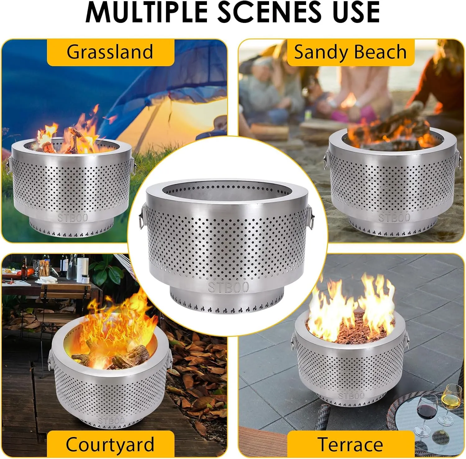 STBoo 20Inch Large Firepit - Fire Pits for Outside with Portable Carrying Storage, Outdoor Fireplace for Camping Picnic Backyard Beach,Stainless, L