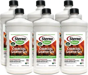 Sterno Fire Starter Fuel Gel Green Charcoal Lighter Fluid - Concentrated Ethanol Fuel for BBQ or Fireplace - All-Weather Burner for Indoor & Outdoor Use - 22 Oz Each, Pack of 6 Bottles