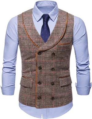 Stoota Mens Casual Suede Vest Jacket, Retro Double-Breasted Suit Vest, Classic Plaid Stripe Lapel Collar Dress Waistcoat