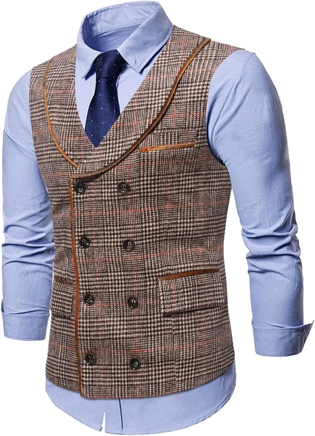 Stoota Mens Casual Suede Vest Jacket, Retro Double-Breasted Suit Vest, Classic Plaid Stripe Lapel Collar Dress Waistcoat