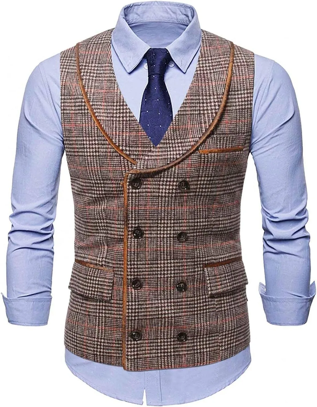 Stoota Mens Casual Suede Vest Jacket, Retro Double-Breasted Suit Vest, Classic Plaid Stripe Lapel Collar Dress Waistcoat