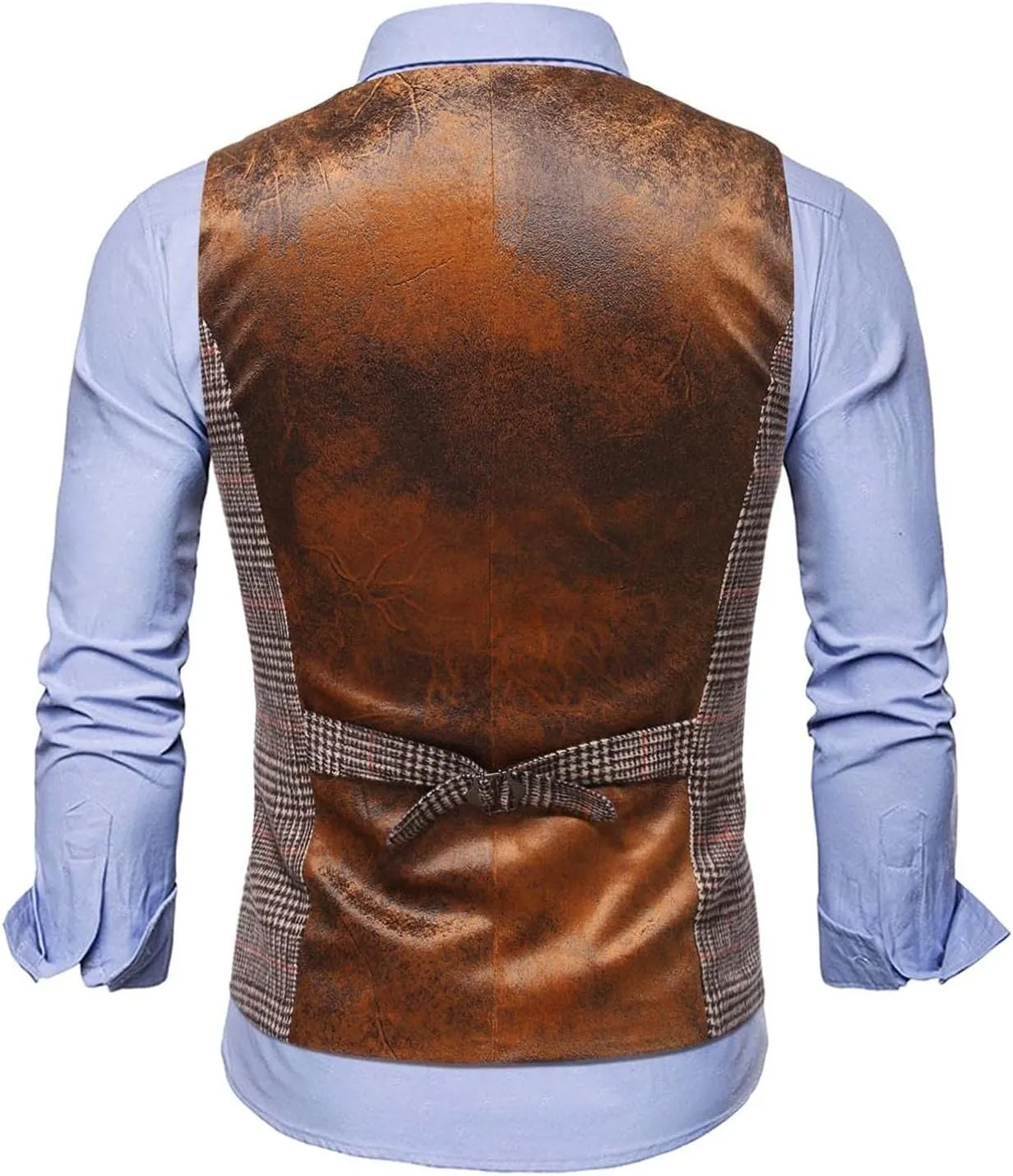 Stoota Mens Casual Suede Vest Jacket, Retro Double-Breasted Suit Vest, Classic Plaid Stripe Lapel Collar Dress Waistcoat