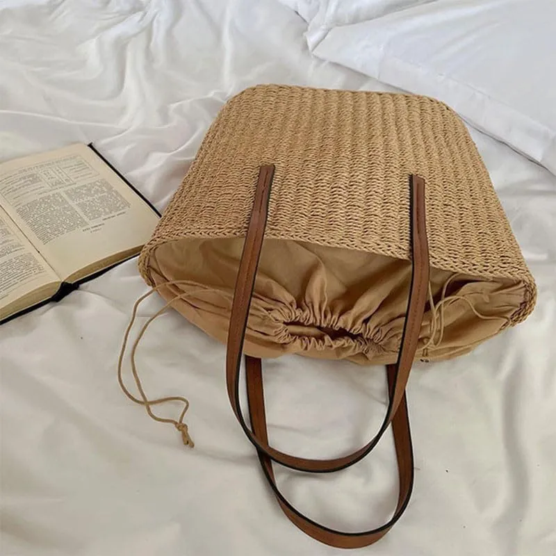 Straw Tote Handbag Summer Beach Straw Purse for Women Woven Bucket Bag Casual Large Capacity Shoulder Handbags Brown