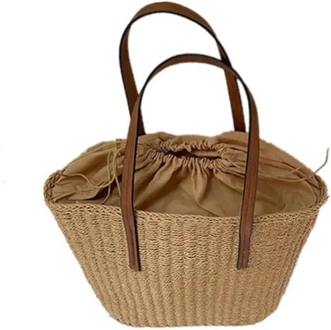 Straw Tote Handbag Summer Beach Straw Purse for Women Woven Bucket Bag Casual Large Capacity Shoulder Handbags Brown