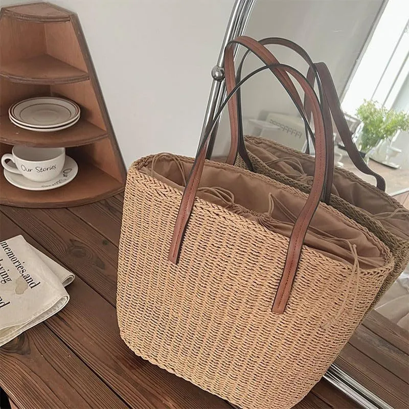 Straw Tote Handbag Summer Beach Straw Purse for Women Woven Bucket Bag Casual Large Capacity Shoulder Handbags Brown