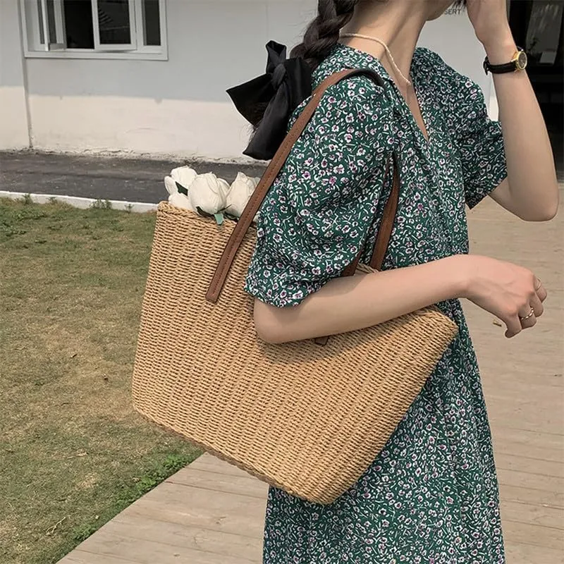 Straw Tote Handbag Summer Beach Straw Purse for Women Woven Bucket Bag Casual Large Capacity Shoulder Handbags Brown