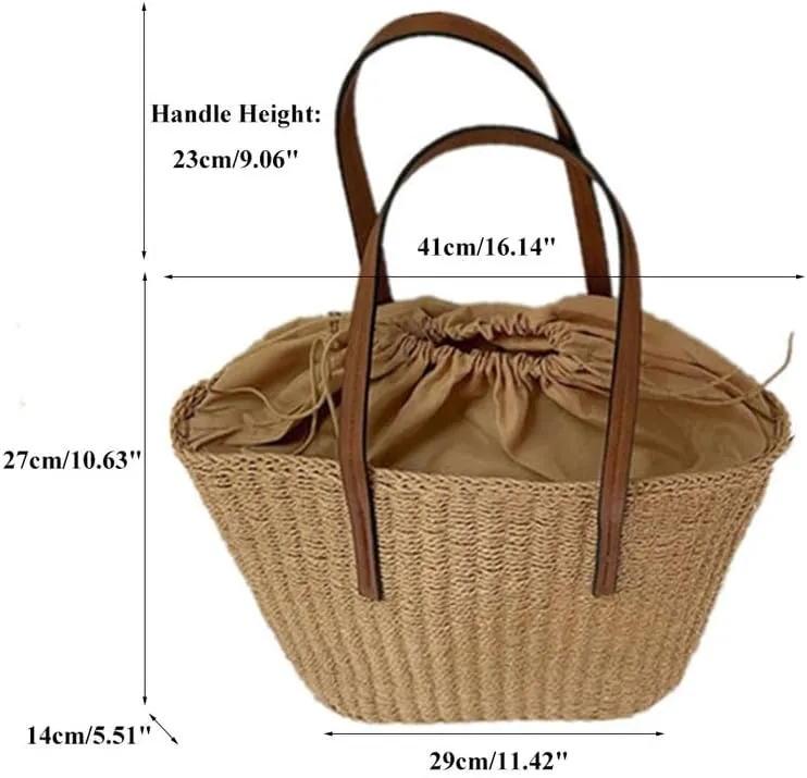 Straw Tote Handbag Summer Beach Straw Purse for Women Woven Bucket Bag Casual Large Capacity Shoulder Handbags Brown