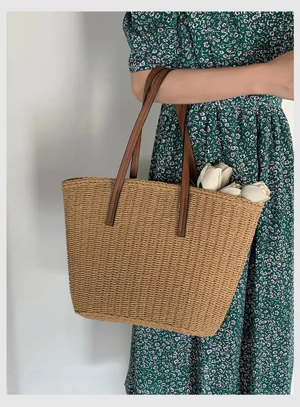 Straw Tote Handbag Summer Beach Straw Purse for Women Woven Bucket Bag Casual Large Capacity Shoulder Handbags Brown