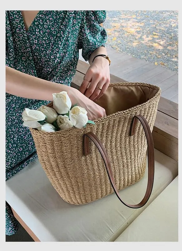 Straw Tote Handbag Summer Beach Straw Purse for Women Woven Bucket Bag Casual Large Capacity Shoulder Handbags Brown