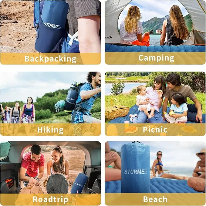 STURME Sleeping Pad for Camping, 3.9 Inch Extra-Thick Self-Inflating Camping Mattress with Foot Pump, Compact Air Mattress Ultralight Sleeping Mat with Pillow for Backpacking, Hiking, Outdoor -Blue