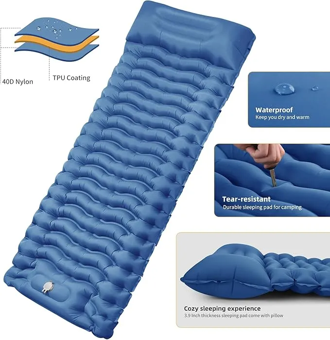 STURME Sleeping Pad for Camping, 3.9 Inch Extra-Thick Self-Inflating Camping Mattress with Foot Pump, Compact Air Mattress Ultralight Sleeping Mat with Pillow for Backpacking, Hiking, Outdoor -Blue