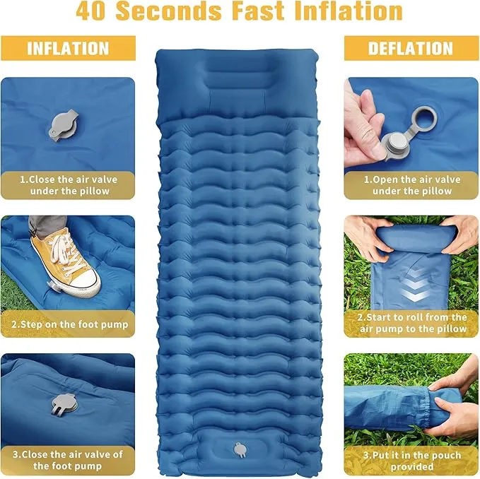 STURME Sleeping Pad for Camping, 3.9 Inch Extra-Thick Self-Inflating Camping Mattress with Foot Pump, Compact Air Mattress Ultralight Sleeping Mat with Pillow for Backpacking, Hiking, Outdoor -Blue