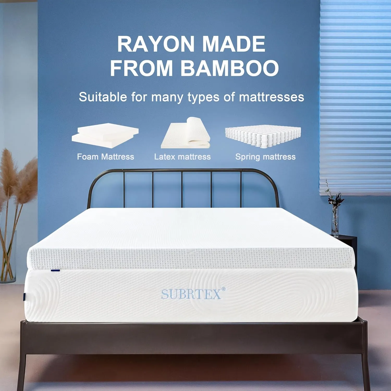 Subrtex 2 Inch Mattress Topper Cover (Only Cover) Mattress Topper Protector Bedding Rayon Made from Bamboo Removable Mattress Encasement with Zippers, Queen