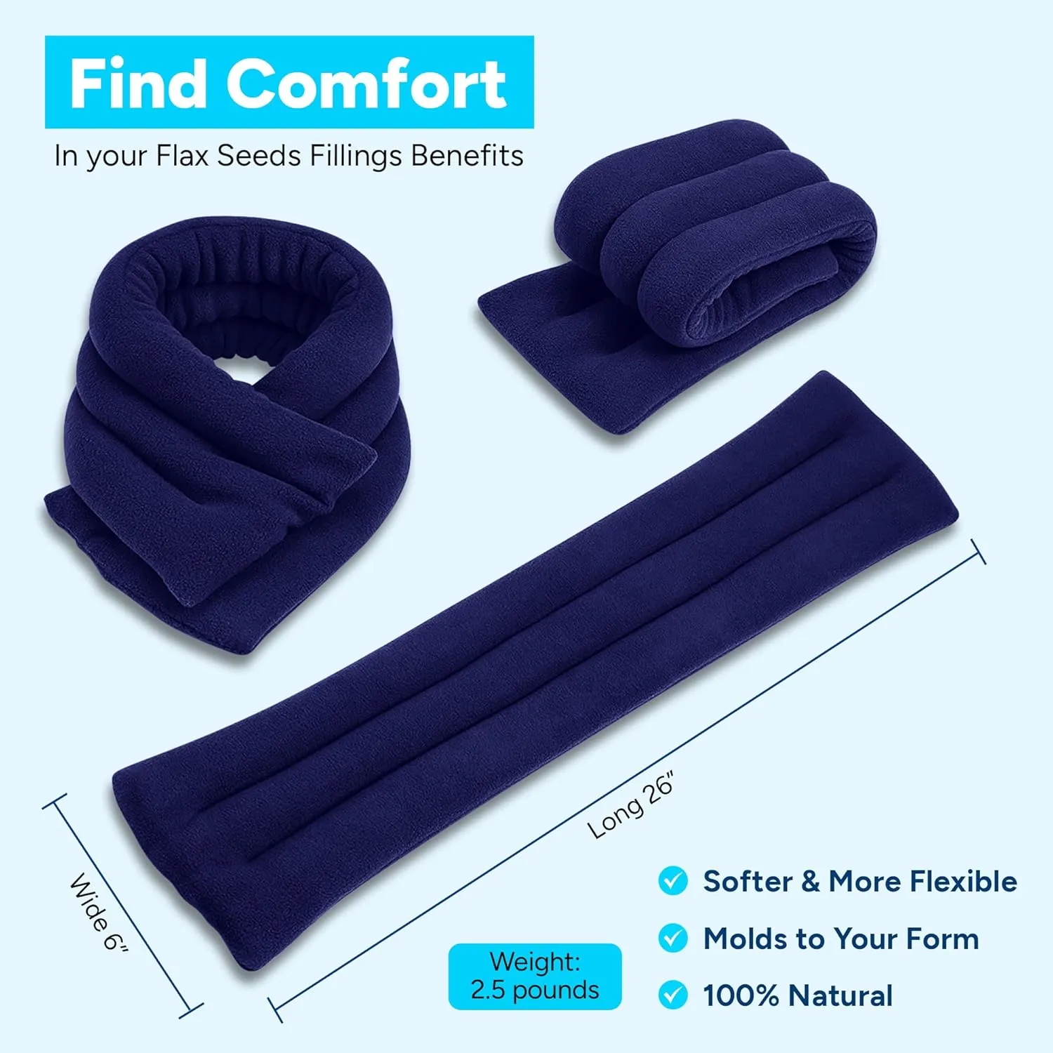 SunnyBay Microwave Heating Pad, 2.4 lbs and 26 Inches Long, Microwavable Heated Neck and Shoulder Wrap for Moist Hot or Cold Therapy, Moldable, Fleece, 26x6 Inches, Made in USA, Midnight Blue