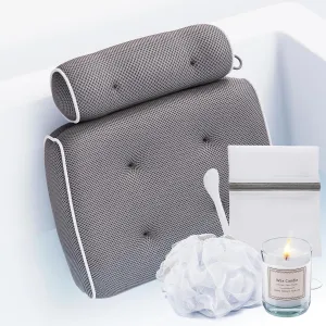 SunSerenity Luxury Bath Pillow - Relaxing Tub Accessory for Head and Back, Unscented Candle, Sponge Loofah, Laundry Bag, & Suction Tool (White on Grey)