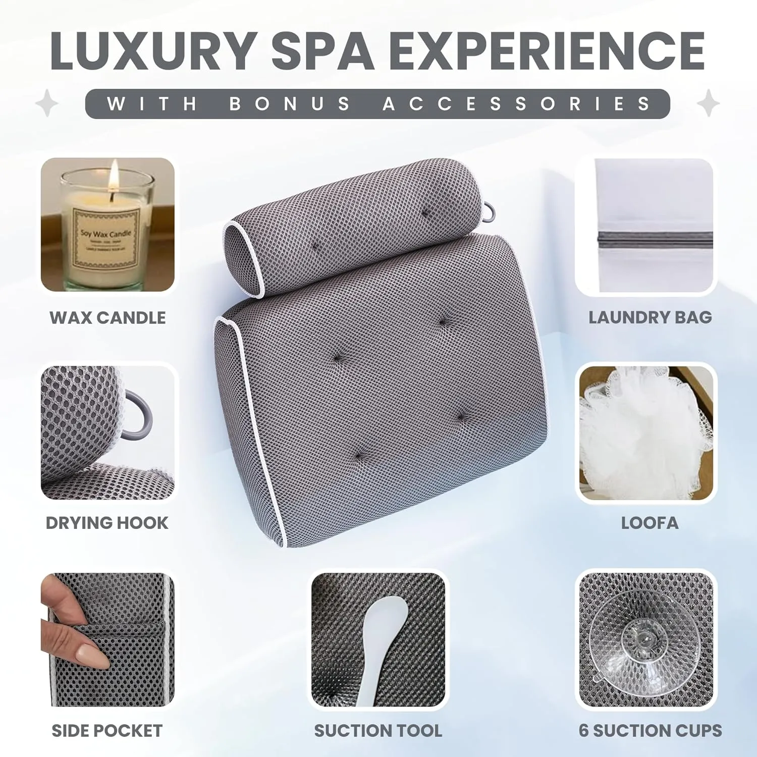 SunSerenity Luxury Bath Pillow - Relaxing Tub Accessory for Head and Back, Unscented Candle, Sponge Loofah, Laundry Bag, & Suction Tool (White on Grey)