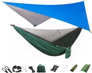 Swing Set Camping Hammock, Portable Travel Hammock with Net and Rainfly, Tree Light Hammock Tent for Outdoor Backyard Hiking Swing Seat (Color : Blue and DarkGreen)