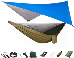 Swing Set Camping Hammock, Portable Travel Hammock with Net and Rainfly, Tree Light Hammock Tent for Outdoor Backyard Hiking Swing Seat (Color : Blue and grren)