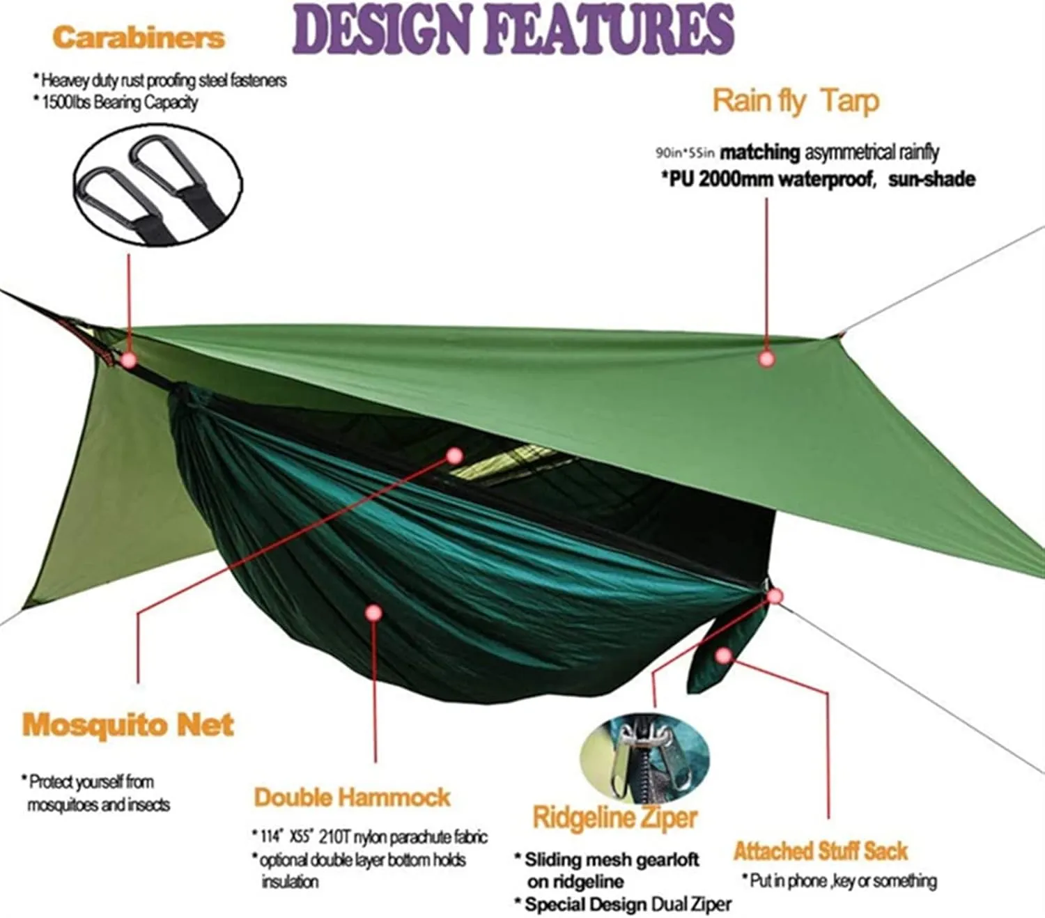 Swing Set Camping Hammock, Portable Travel Hammock with Net and Rainfly, Tree Light Hammock Tent for Outdoor Backyard Hiking Swing Seat (Color : Camouflage and Green)