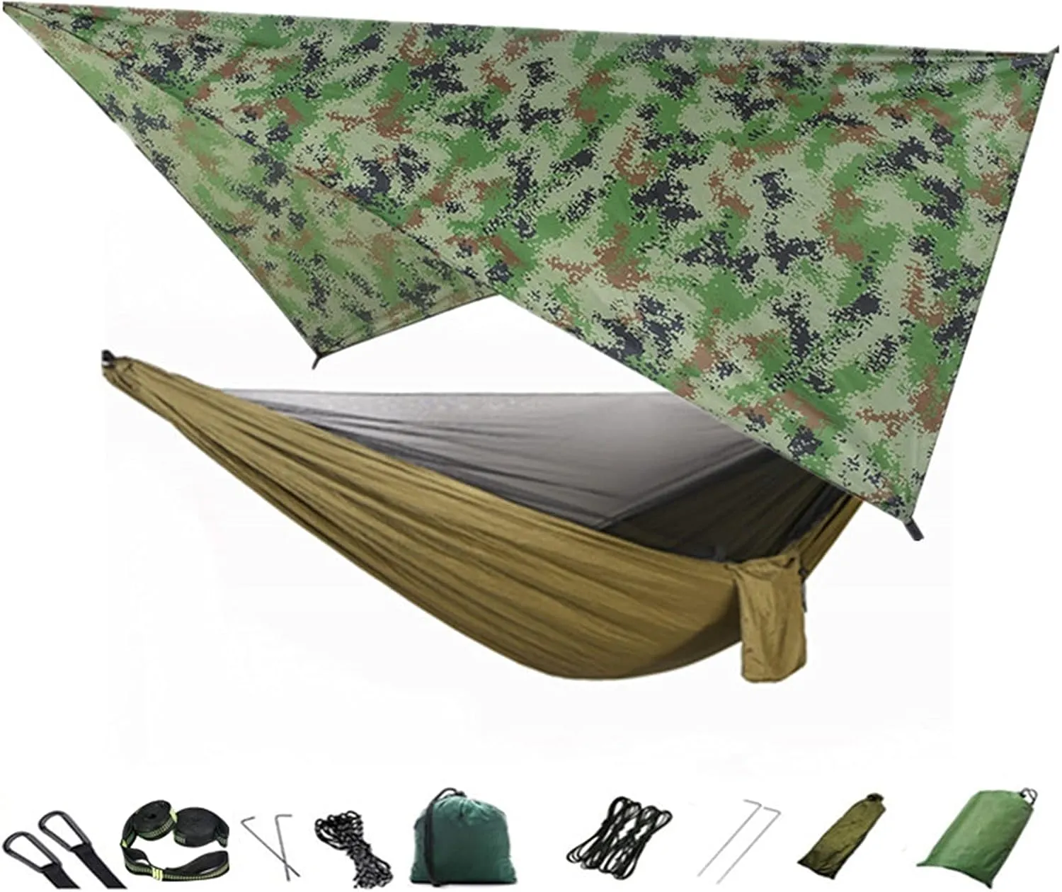 Swing Set Camping Hammock, Portable Travel Hammock with Net and Rainfly, Tree Light Hammock Tent for Outdoor Backyard Hiking Swing Seat (Color : Camouflage and Green)