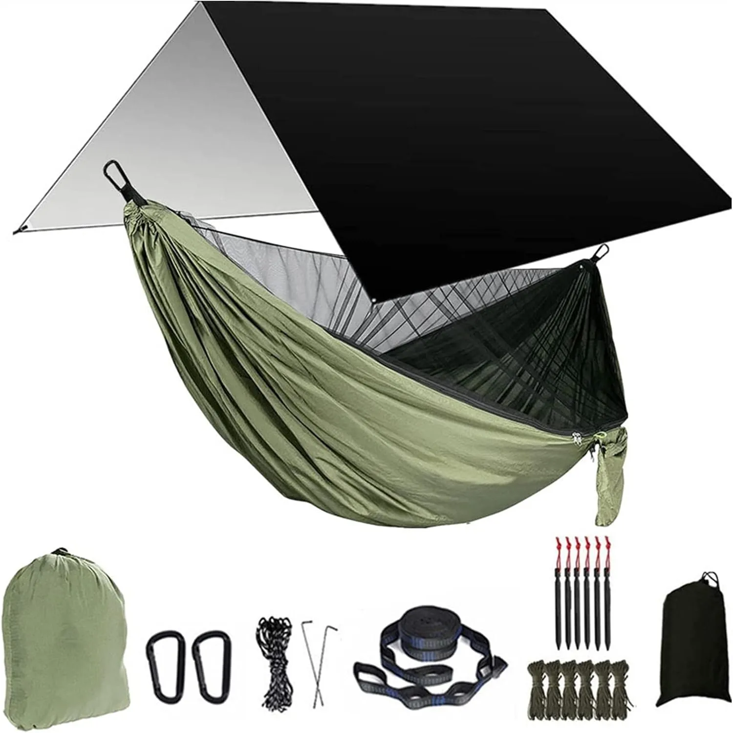 Swing Set Camping Hammock, Rainfly Travel Hammock, Net Hammock, Tent, Outdoor Hiking Backpack, Travel Camping Accessories Swing Seat (Color : Black and Army Green)
