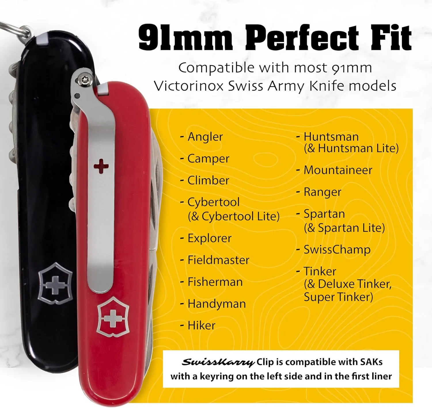 SwissKarry Clip Compatible with most 91mm Victorinox Swiss Army Knife Models. 5 Custom Designs for a Personalised Pocket Knife. Be Ready for the Unexpected. Stainless Steel Tough. ‘Pure Matte’