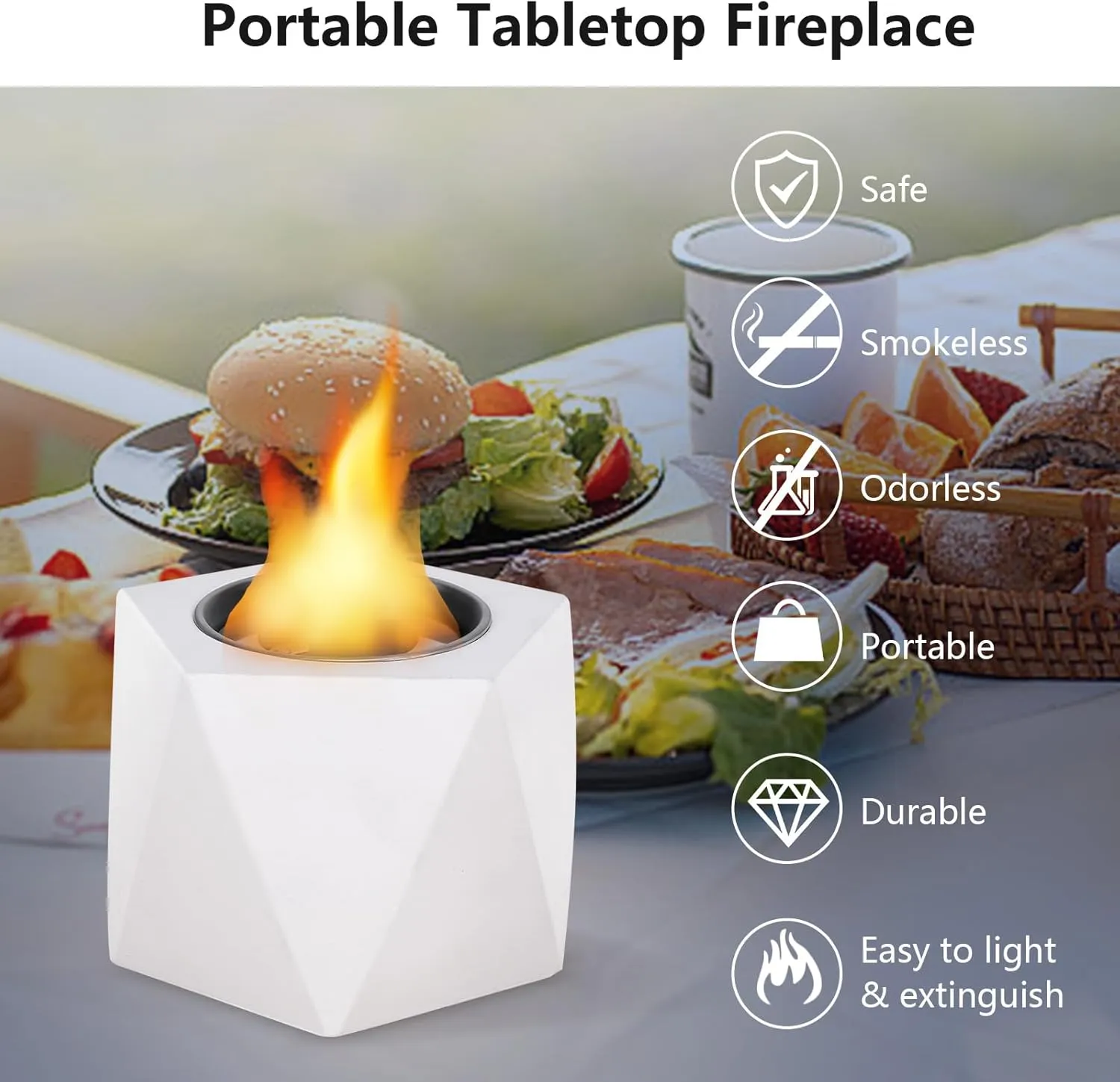 Tabletop Fire Pit, Concrete Table Top Portable Firepit Bowl, Fireplace Smores Maker Kit, Dual Burner Cups Smokeless Small Rubbing Alcohol Table Top Firepit for Indoor/Outdoor/Patio/Home Decor/Camping